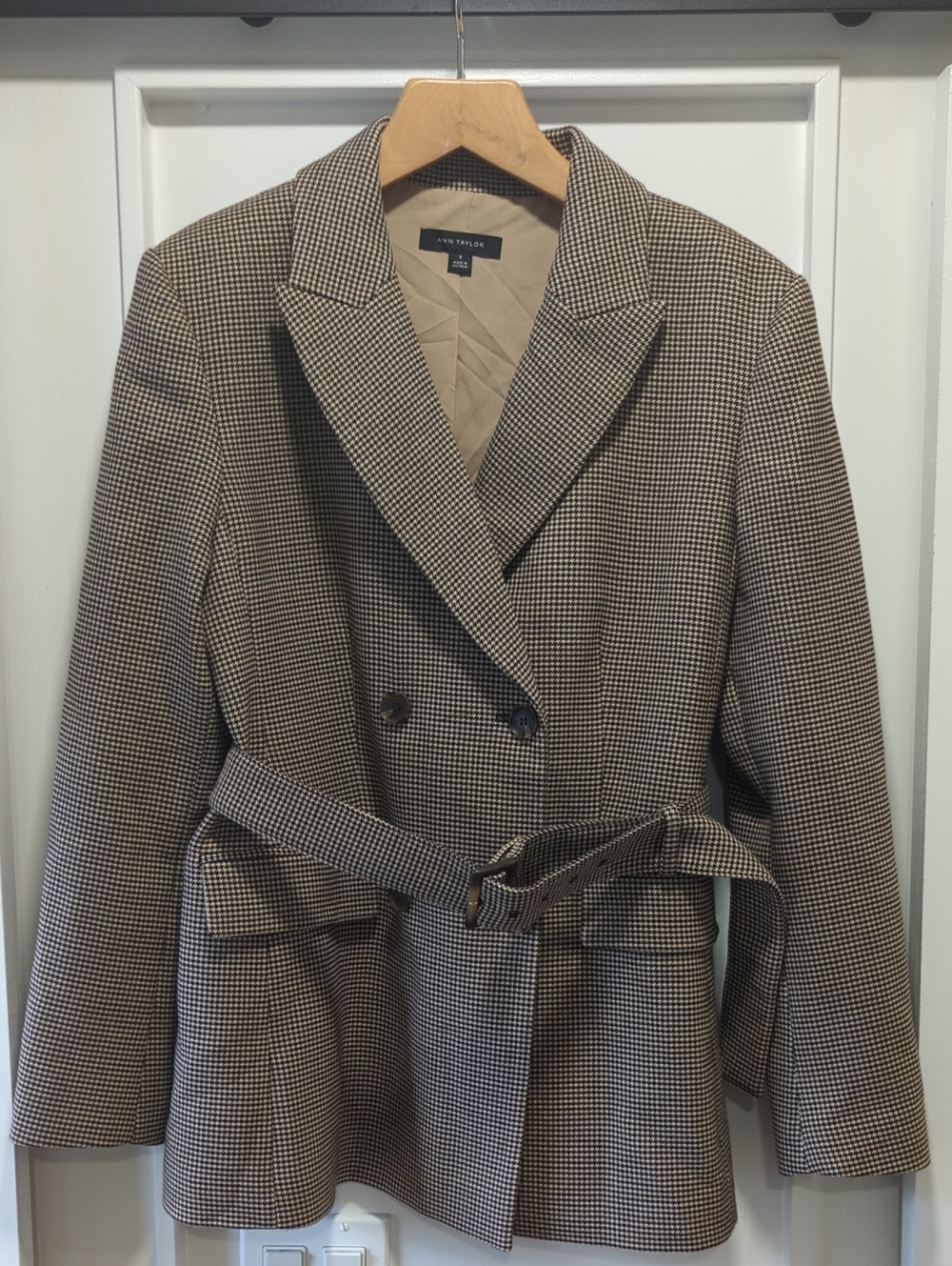 Ann Taylor Brown & Cream Houndstooth Belted Double-Breasted Blazer Size 8